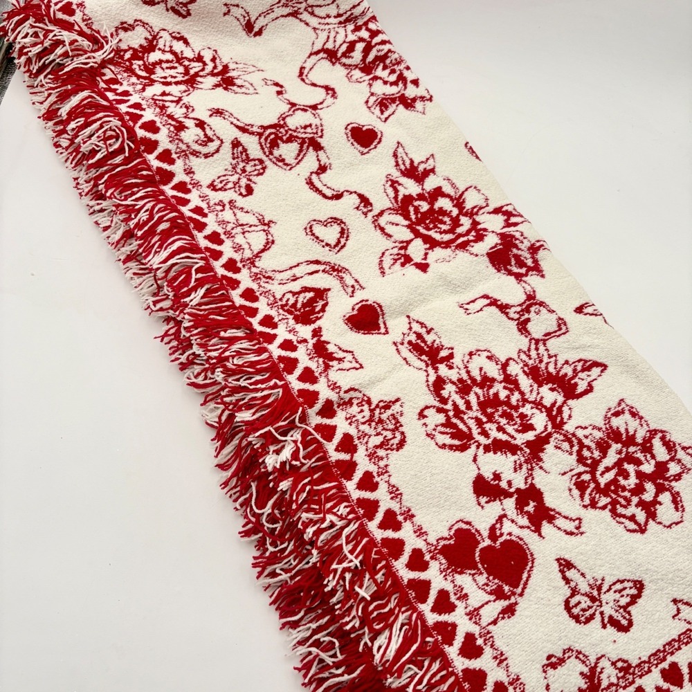 Rachel Zoe Cherub Heart Rose Woven Throw Blanket Red White‎ Fringed Valentines